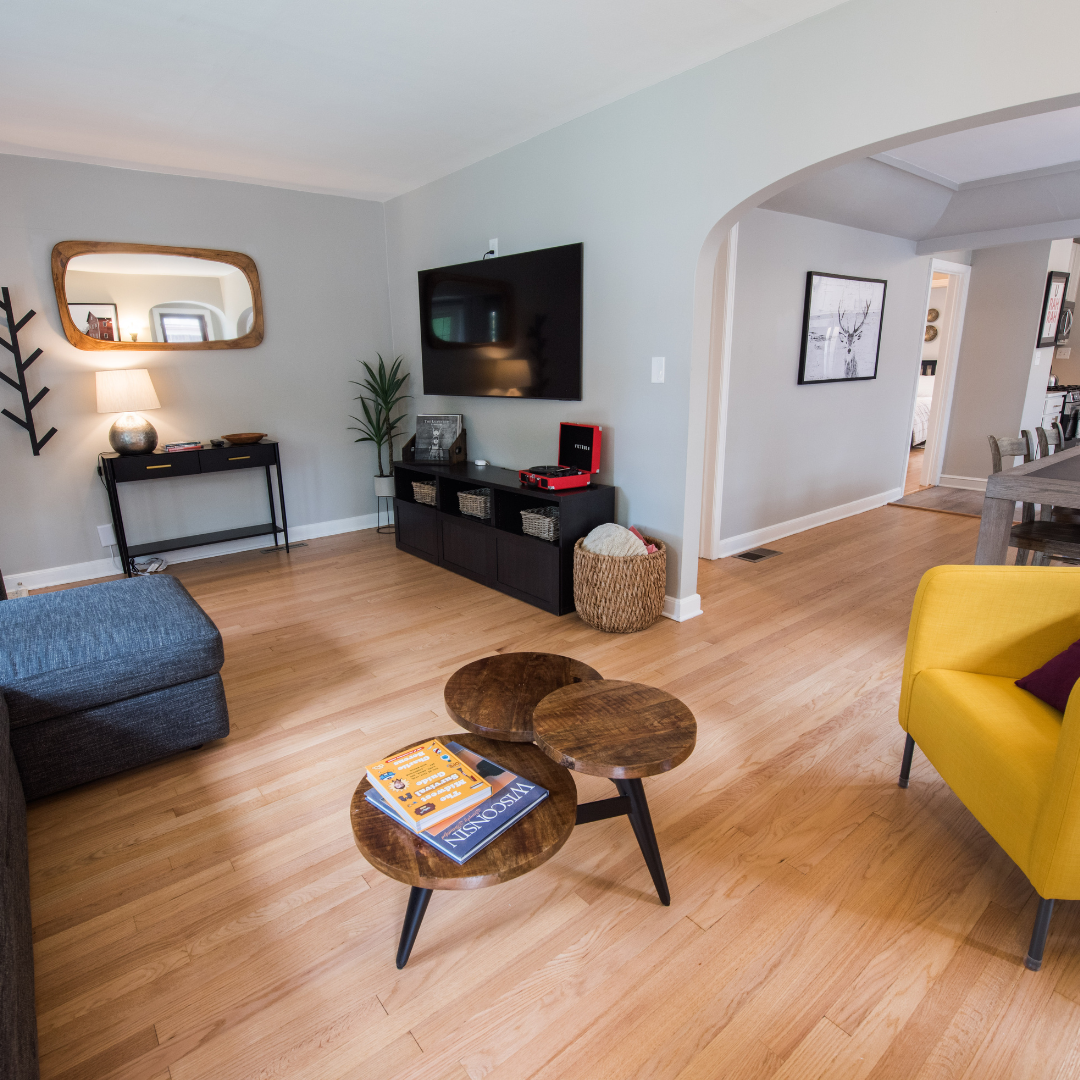 Bright living room with hardwood floors